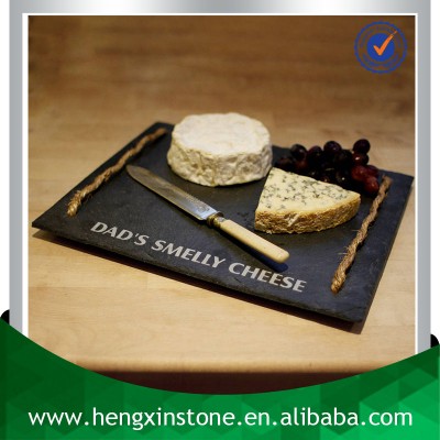 Factory Direct Natural Edge 35*25cm Rectangle Black Restaurant Slate Decorate Fruit Serving Tray Mats With Rope Handle